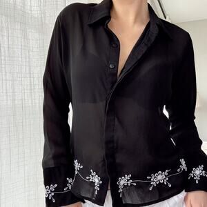Vintage White House Black Market Black Sheer Embroidered Floral Top Size Medium